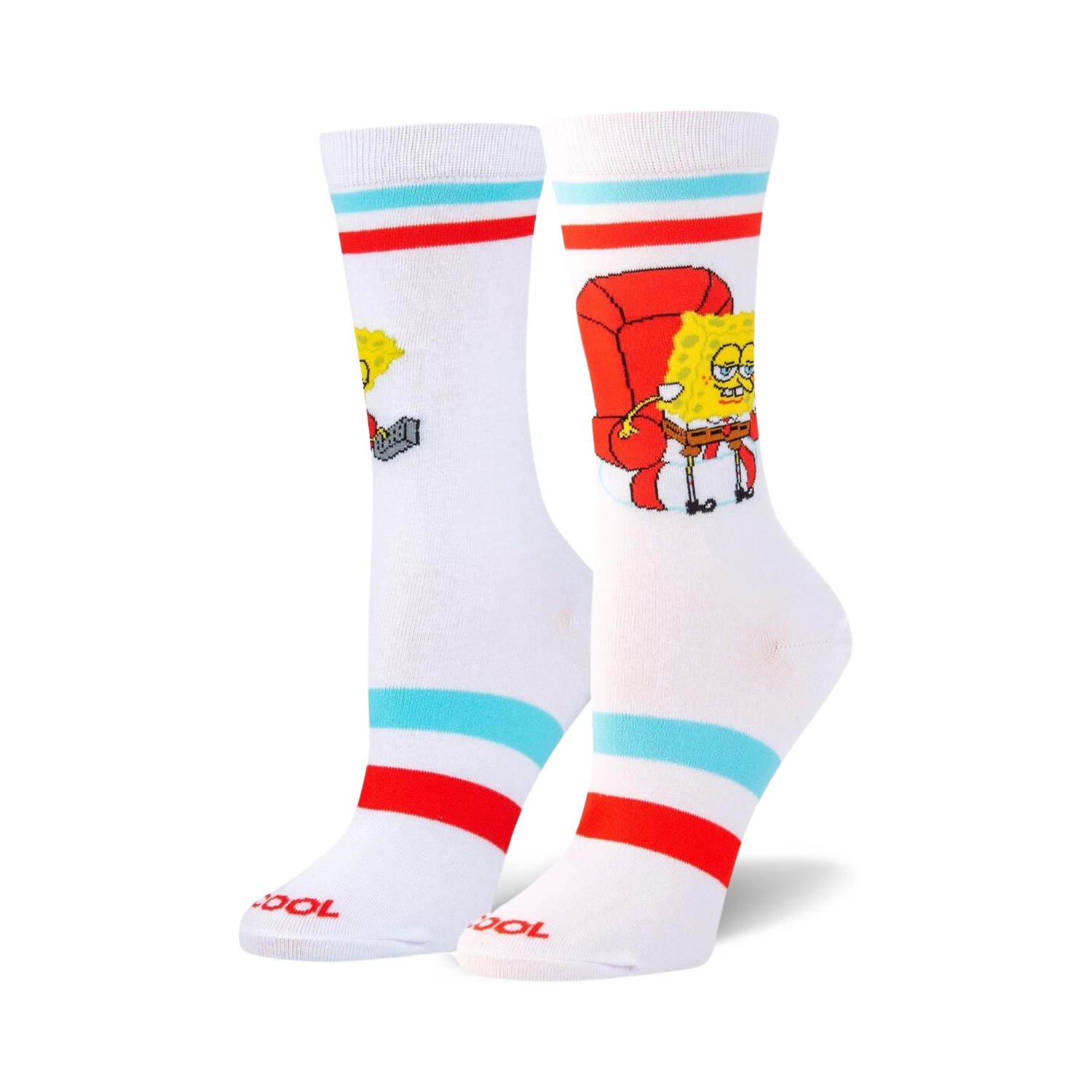 Pair of white crew socks with red and teal stripes. Spongebob Squarepants is featured lounging in a red armchair with a remote.