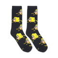 A flatlay image showcasing a pair of Spongebob Prehistoric Bob socks on a white background. The socks are black with yellow Spongebob designs.