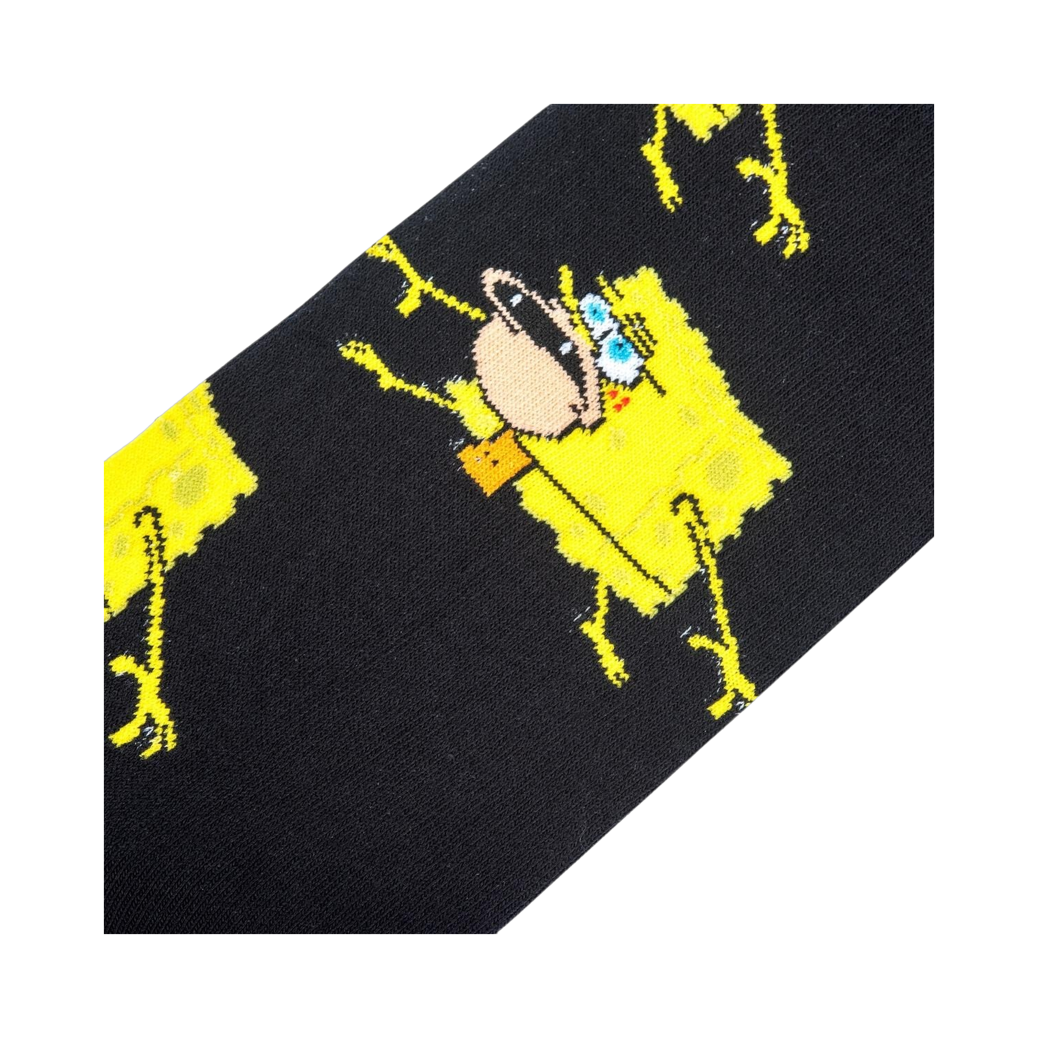 Close-up detail shot highlighting the vibrant yellow and black colors of the Spongebob design on the socks.