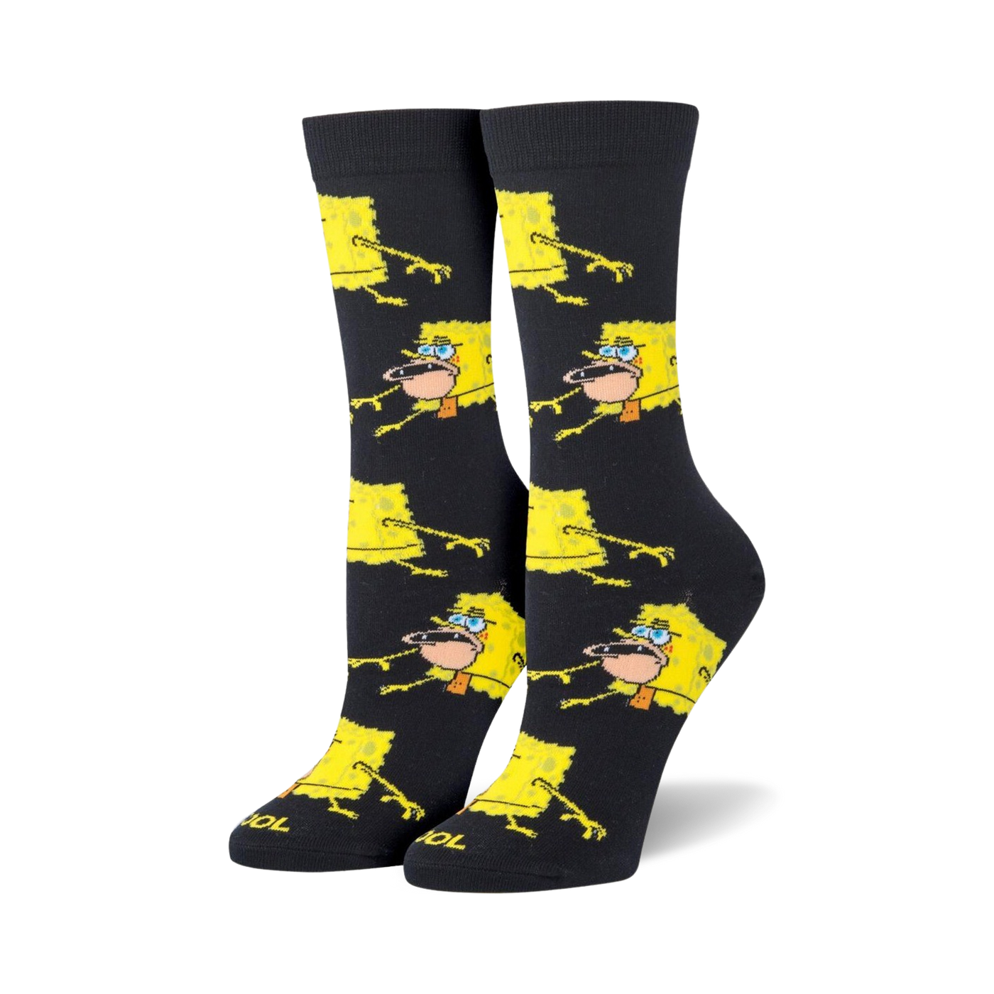 Pair of black crew socks featuring a repeating pattern of yellow Spongebob Squarepants in a prehistoric pose. 