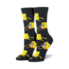 Pair of black crew socks featuring a repeating pattern of yellow Spongebob Squarepants in a prehistoric pose. 