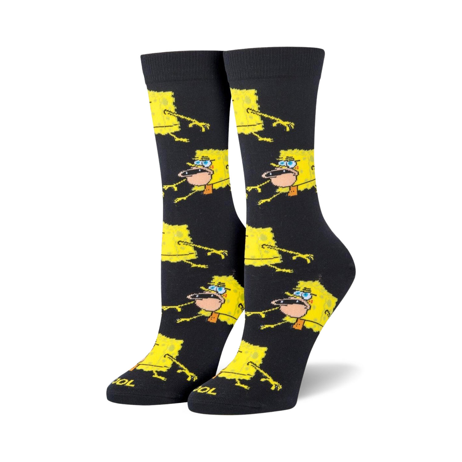Pair of black crew socks featuring a repeating pattern of yellow Spongebob Squarepants in a prehistoric pose. 