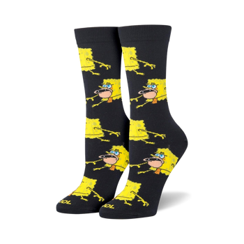 spongebobs prehistoric bob crew socks, spongebobs in a loin cloth, black spongebobs novelty socks, spongebobs allover print crew socks.  