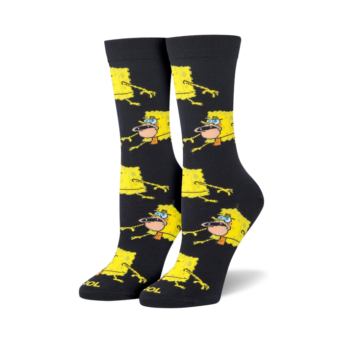 spongebobs prehistoric bob crew socks, spongebobs in a loin cloth, black spongebobs novelty socks, spongebobs allover print crew socks.  
