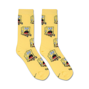 A close up of yellow socks with a repeating pattern of a cartoon character, SpongeBob SquarePants, with his mouth open in a screaming expression.