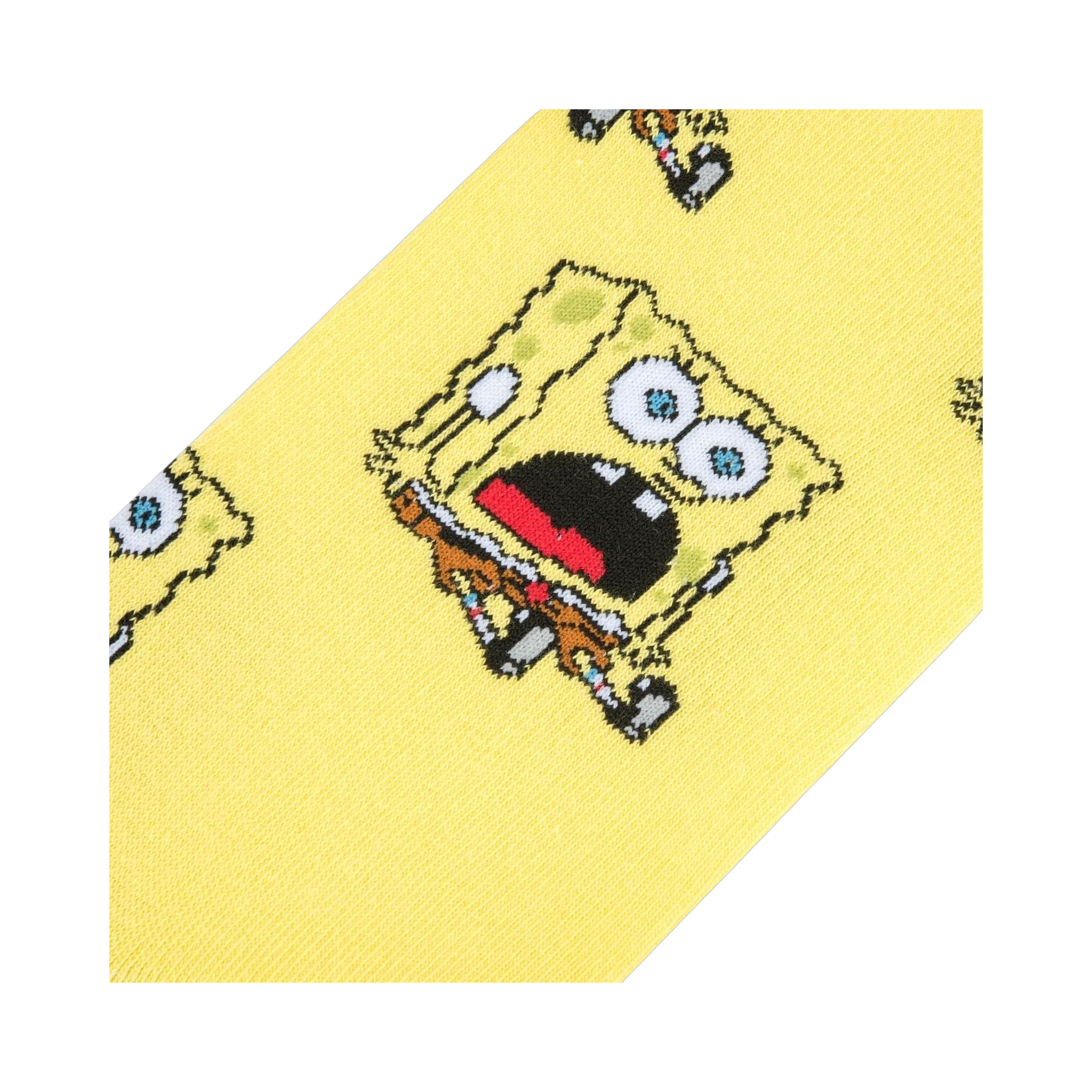 Close-up detail shot of the surprised Spongebob Squarepants print on the socks.