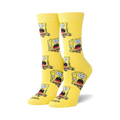 Pair of yellow crew socks with a repeating pattern of surprised Spongebob Squarepants.  Features cartoonish design elements.