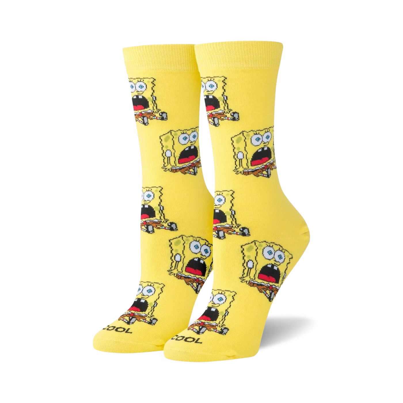 Pair of yellow crew socks with a repeating pattern of surprised Spongebob Squarepants.  Features cartoonish design elements.