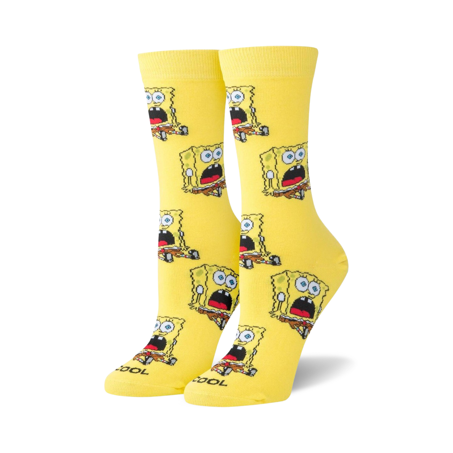Pair of yellow crew socks with a repeating pattern of surprised Spongebob Squarepants.  Features cartoonish design elements.