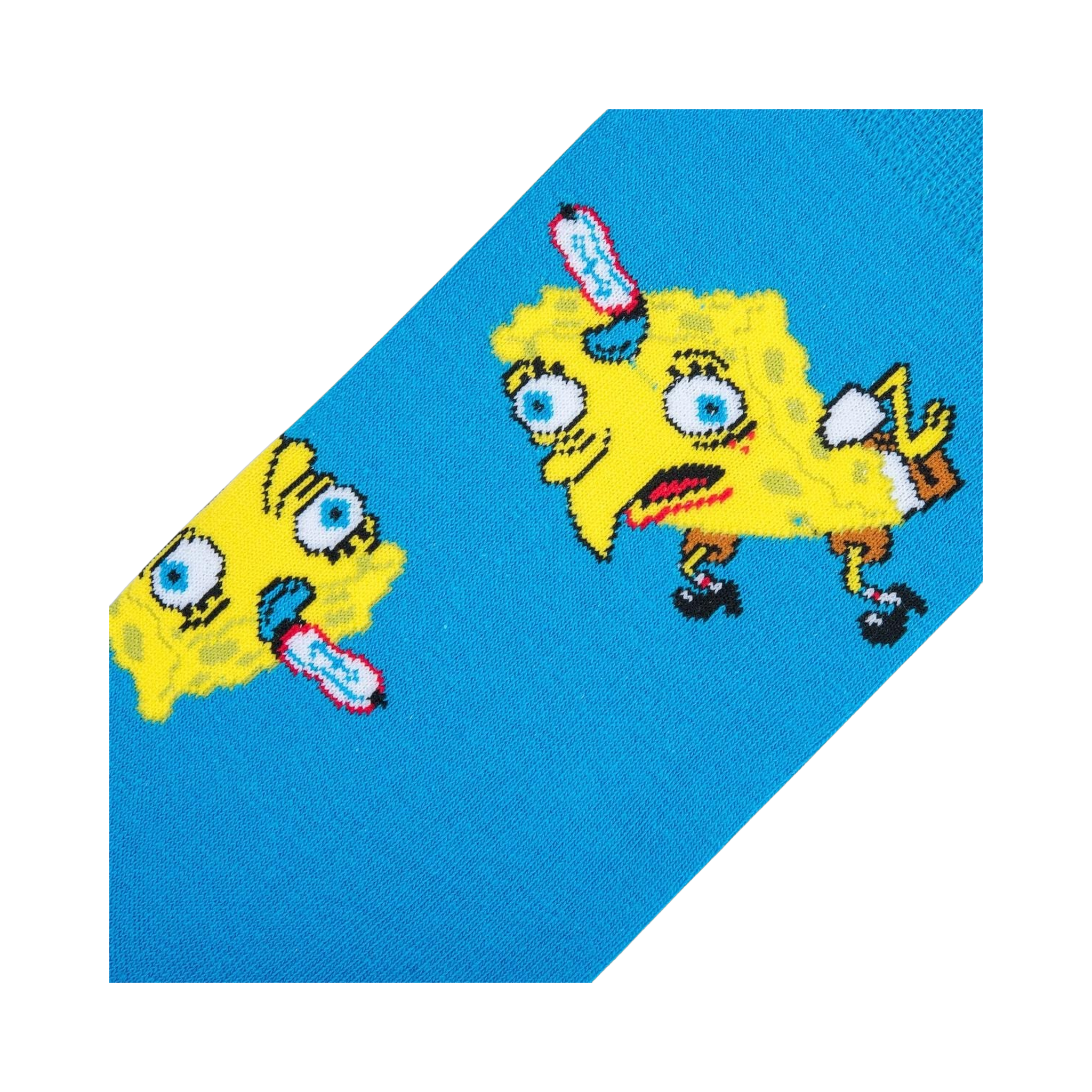 Close-up detail shot of the Spongebob Chicken Bob sock design, highlighting the funny facial expressions.