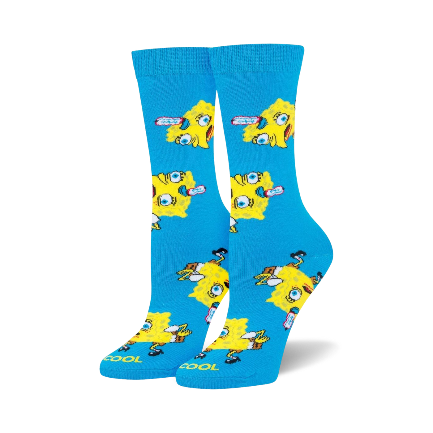 Pair of crew socks, bright blue with repeating pattern of SpongeBob Squarepants meme faces in yellow. 