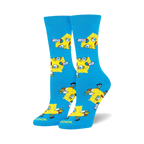 Pair of crew socks, bright blue with repeating pattern of SpongeBob Squarepants meme faces in yellow. 