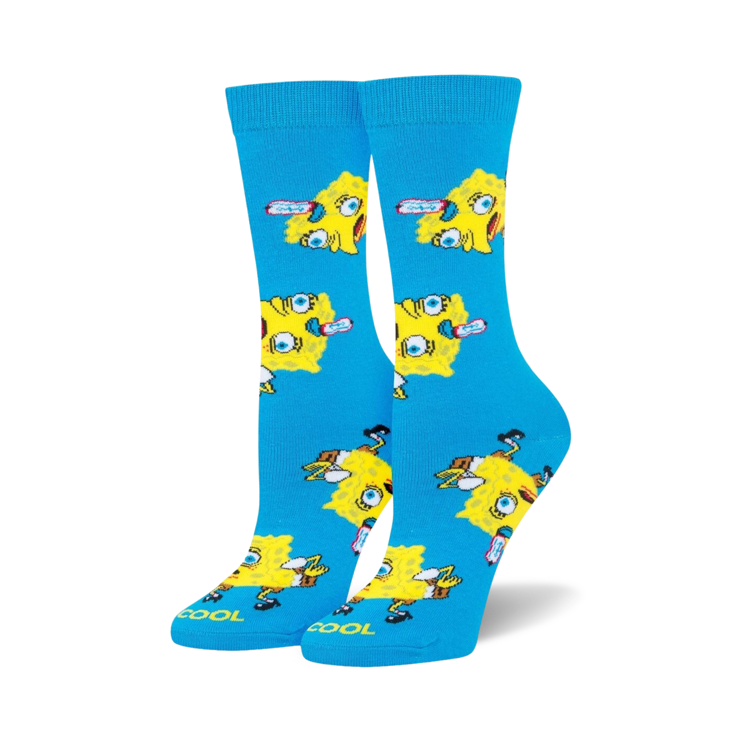 Pair of crew socks, bright blue with repeating pattern of SpongeBob Squarepants meme faces in yellow. 