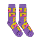 A full view of the Spongebob Savage Patrick socks, showing the purple and yellow pattern with Patrick's face.