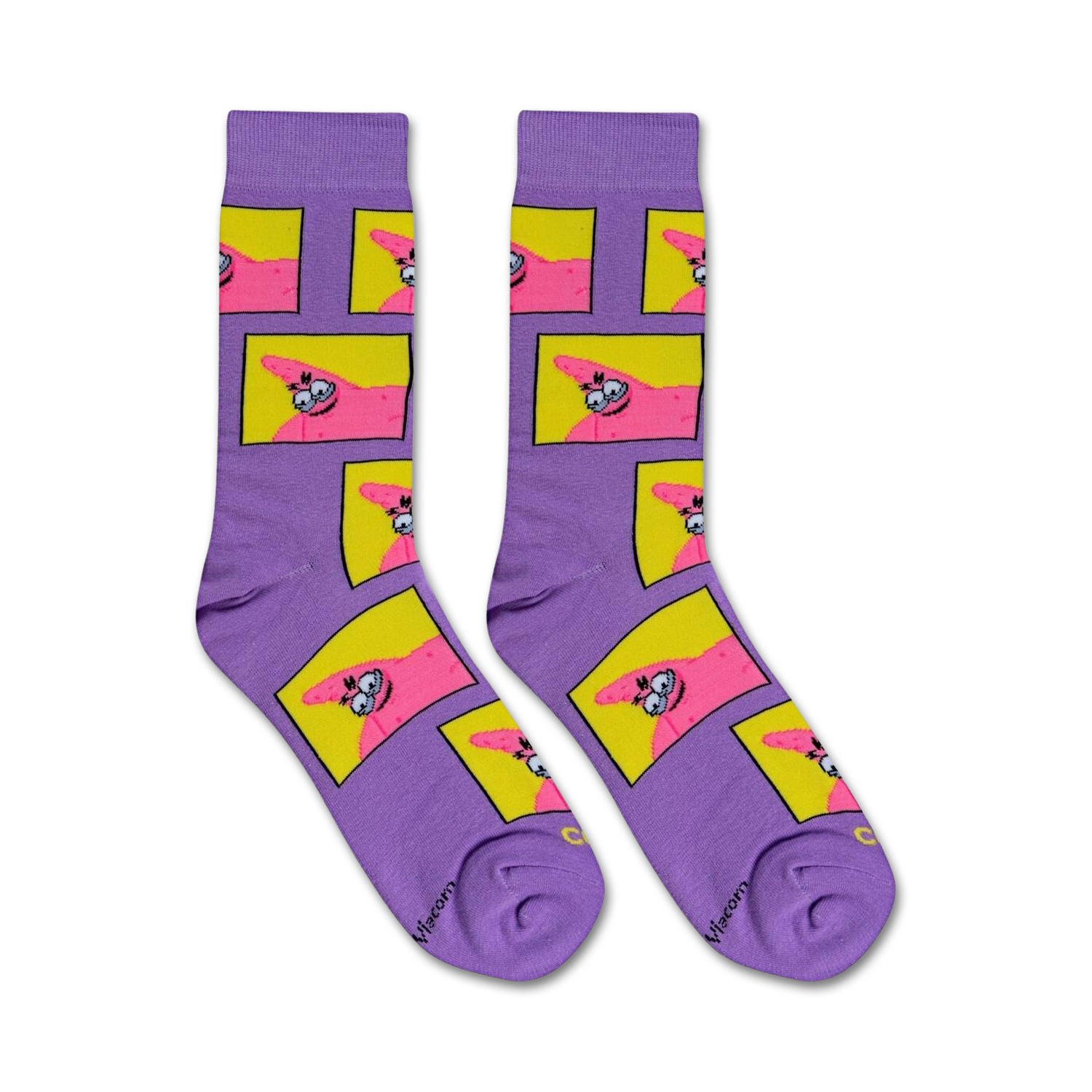 A full view of the Spongebob Savage Patrick socks, showing the purple and yellow pattern with Patrick's face.