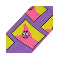 Close-up detail shot highlighting the quirky design of Patrick Star's face within yellow squares on the purple sock.