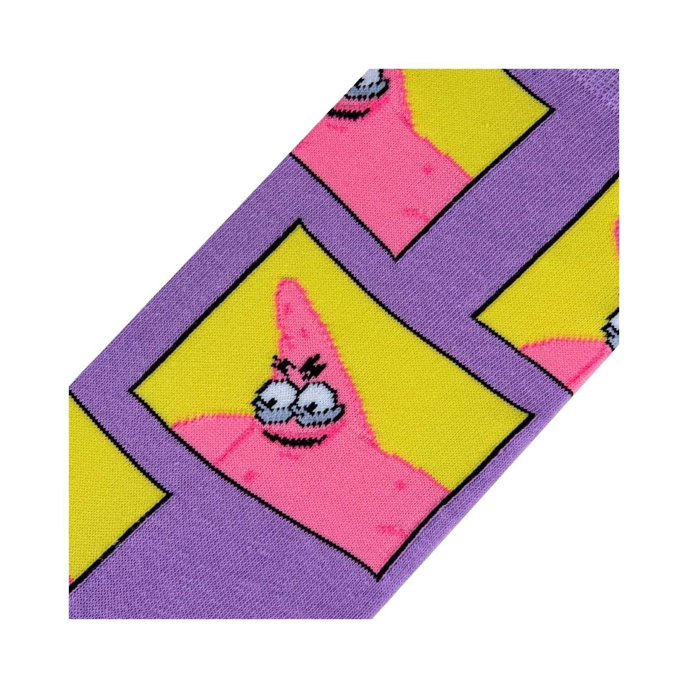 Close-up detail shot highlighting the quirky design of Patrick Star's face within yellow squares on the purple sock.