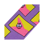 Close-up detail shot highlighting the quirky design of Patrick Star's face within yellow squares on the purple sock.