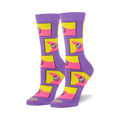 Pair of crew socks in purple with repeating yellow squares featuring Patrick Star's face with a mischievous grin.