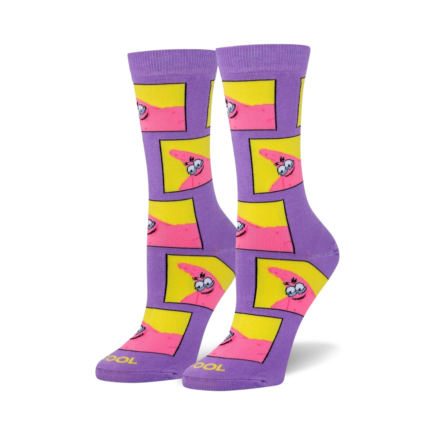 Pair of crew socks in purple with repeating yellow squares featuring Patrick Star's face with a mischievous grin.