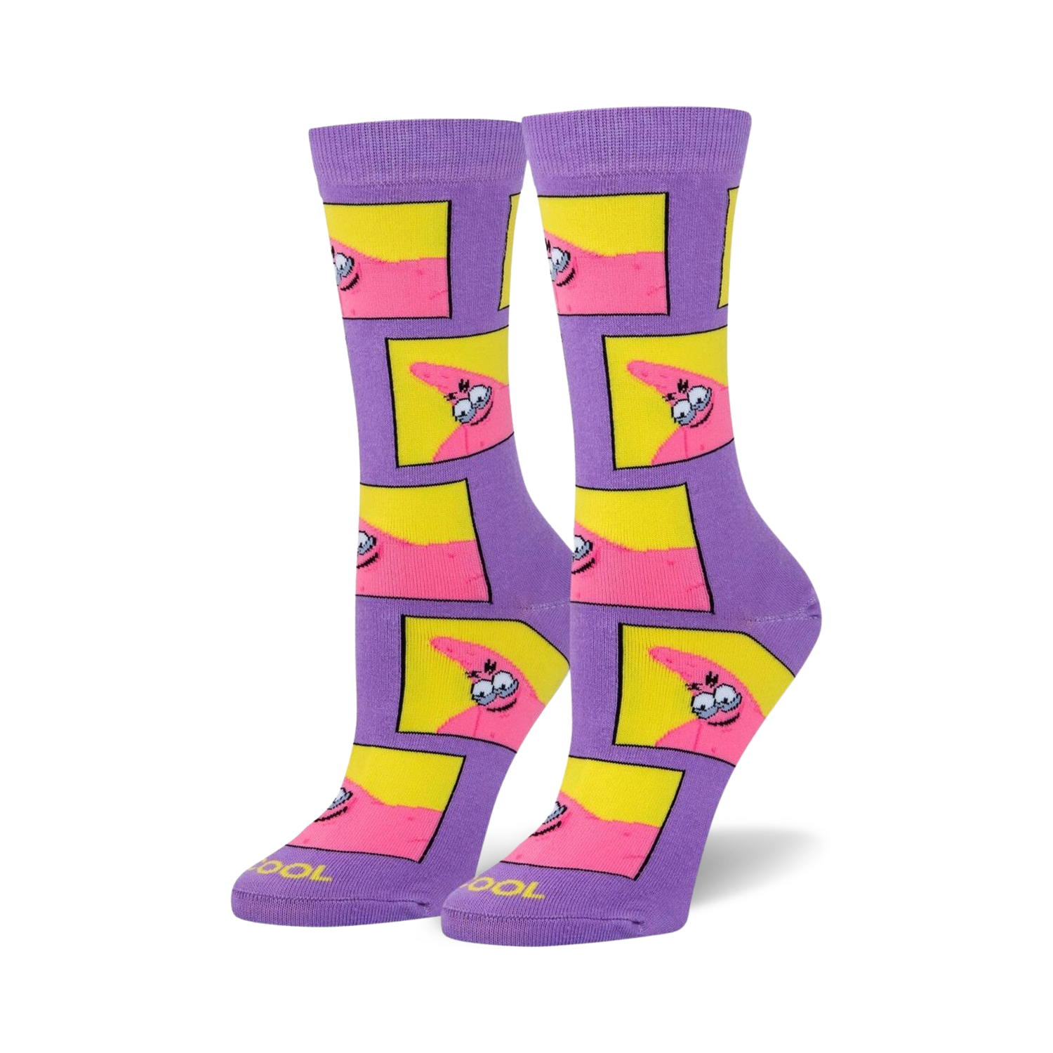 Pair of crew socks in purple with repeating yellow squares featuring Patrick Star's face with a mischievous grin.