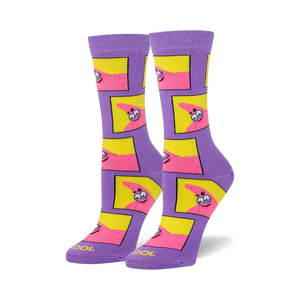 purple crew socks featuring pink and yellow squares with patrick star images.   
