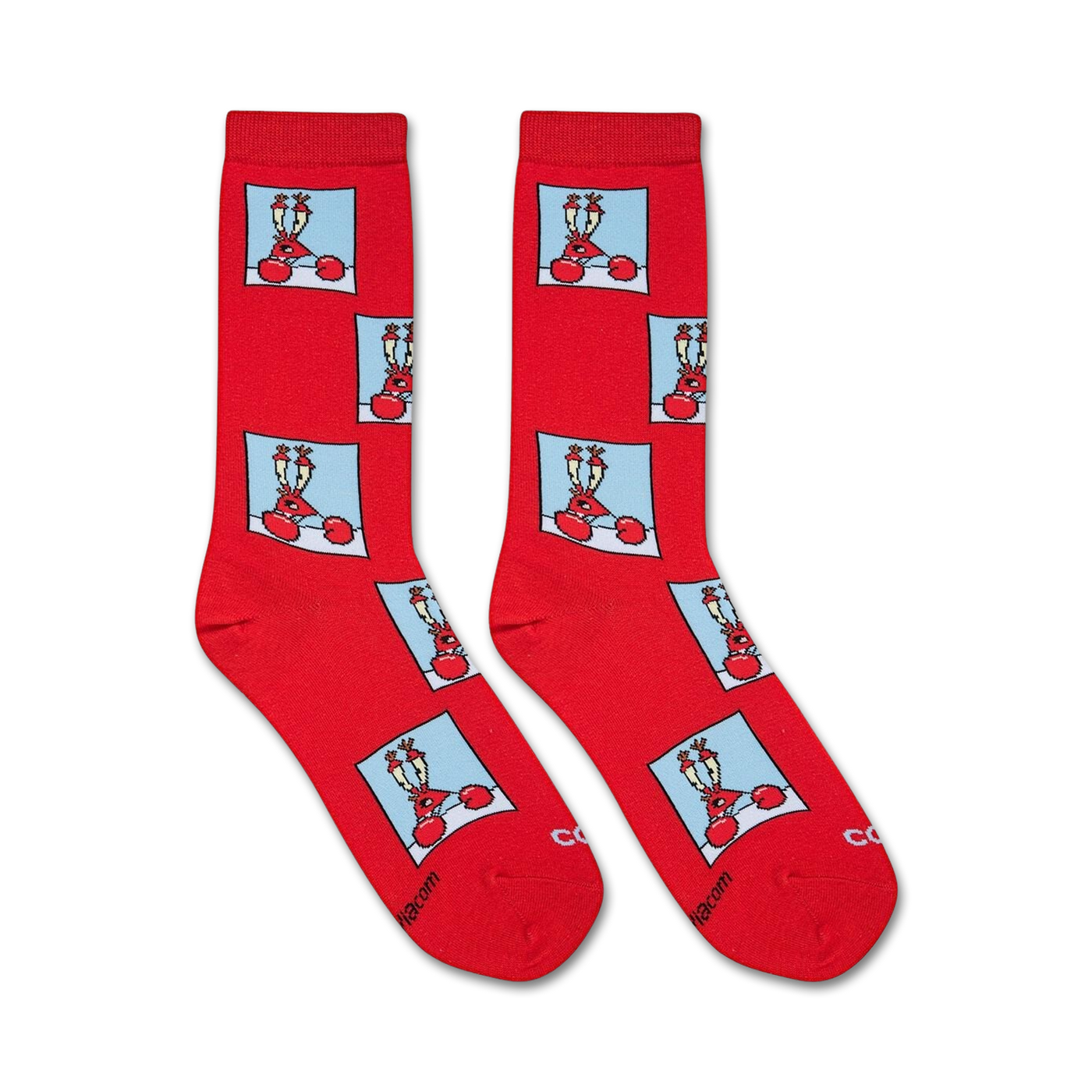 Flatlay of two Spongebob Confused Mr. Krabs socks on a white background.