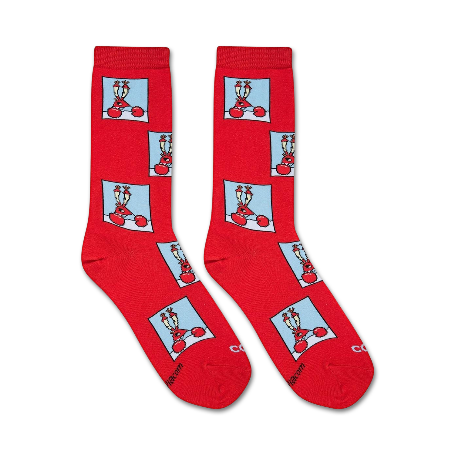 Flatlay of two Spongebob Confused Mr. Krabs socks on a white background.