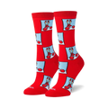 Pair of red crew socks with a repeating pattern of pixel art Mr. Krabs images in light blue squares.