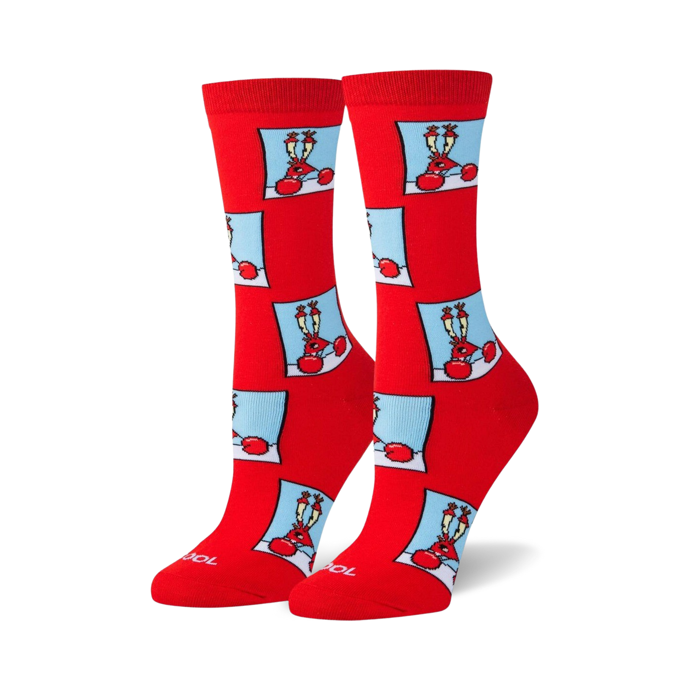 Pair of red crew socks with a repeating pattern of pixel art Mr. Krabs images in light blue squares.
