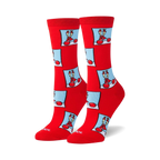Pair of red crew socks with a repeating pattern of pixel art Mr. Krabs images in light blue squares.