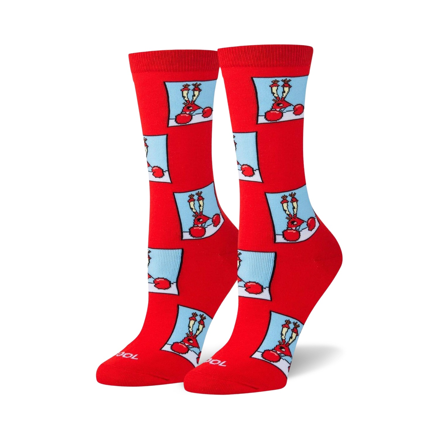Pair of red crew socks with a repeating pattern of pixel art Mr. Krabs images in light blue squares.