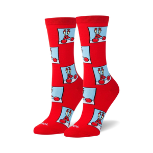 spongebob mr krabs red womens crew socks, featuring an all-over pattern of mr. krabs with a confused expression from spongebob squarepants.  