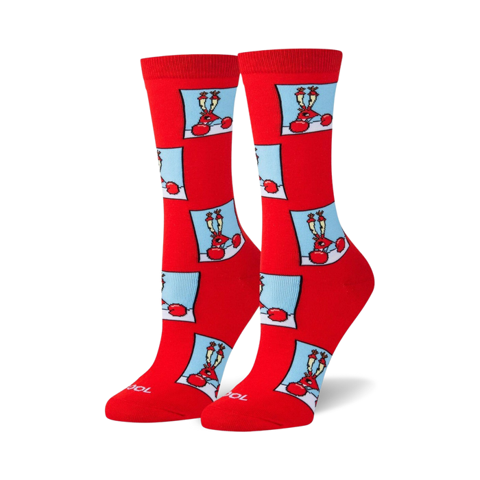 spongebob mr krabs red womens crew socks, featuring an all-over pattern of mr. krabs with a confused expression from spongebob squarepants.  