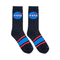 Flat lay of two black socks showing a white star pattern, the classic NASA logo, and red and blue stripes across the foot.