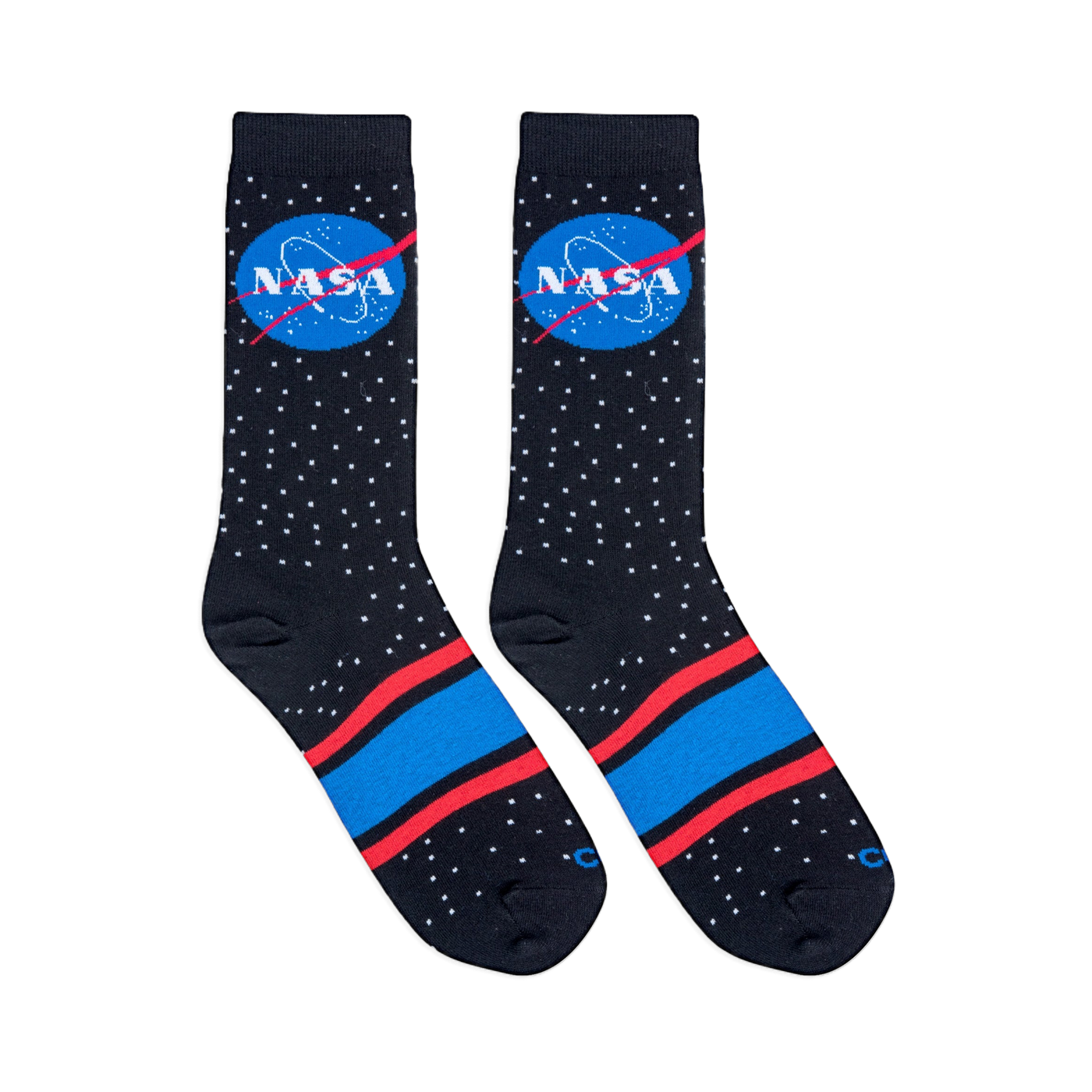 Flat lay of two black socks showing a white star pattern, the classic NASA logo, and red and blue stripes across the foot.