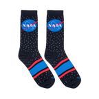 Flat lay of two black socks showing a white star pattern, the classic NASA logo, and red and blue stripes across the foot.