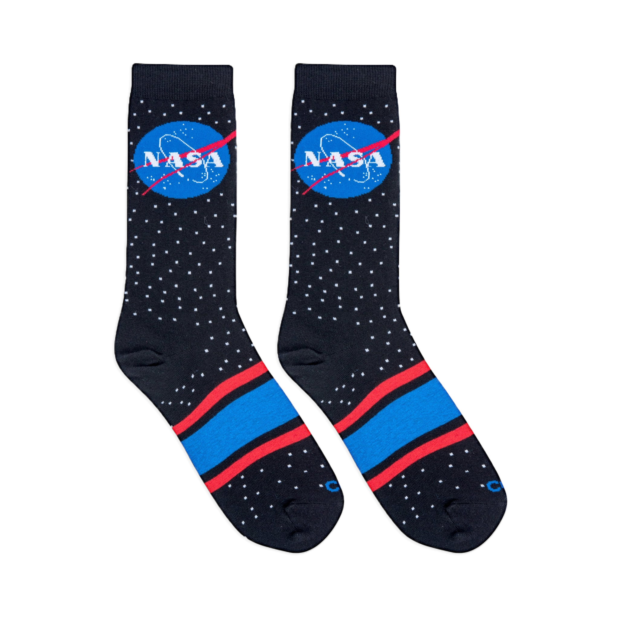 Flat lay of two black socks showing a white star pattern, the classic NASA logo, and red and blue stripes across the foot.