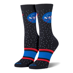 Upright black socks showing the classic NASA logo, white stars, and bold red and blue stripes near the toe.