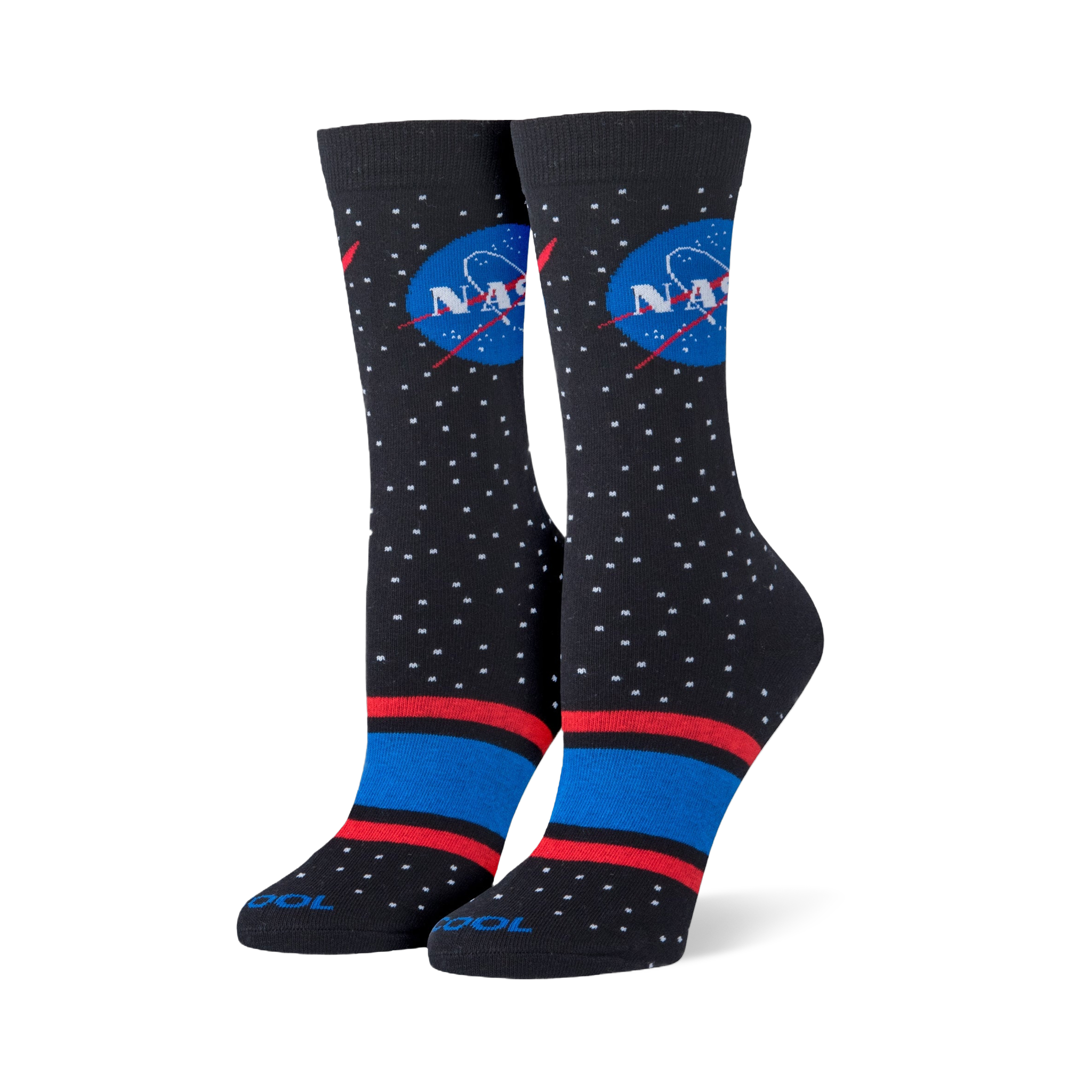 Upright black socks showing the classic NASA logo, white stars, and bold red and blue stripes near the toe.