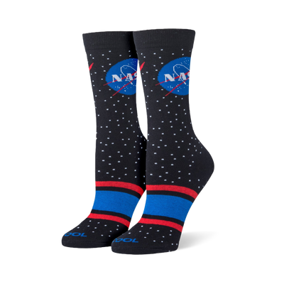 Upright black socks showing the classic NASA logo, white stars, and bold red and blue stripes near the toe.