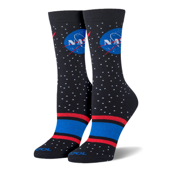 Upright black socks showing the classic NASA logo, white stars, and bold red and blue stripes near the toe.