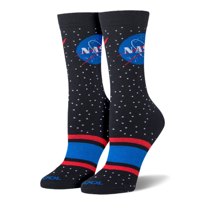 Upright black socks showing the classic NASA logo, white stars, and bold red and blue stripes near the toe.