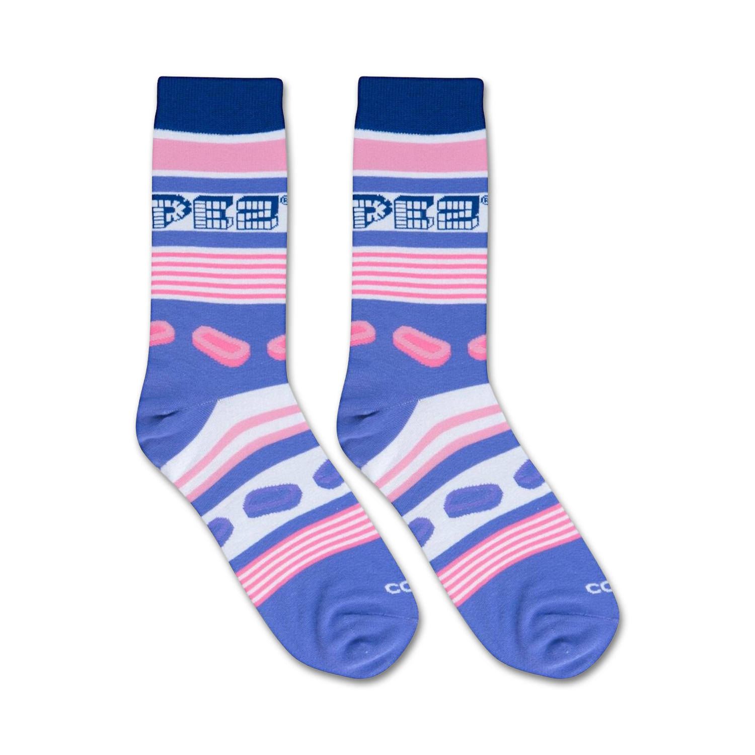 Flatlay product shot showcasing two Pez Stripe socks against a white background.