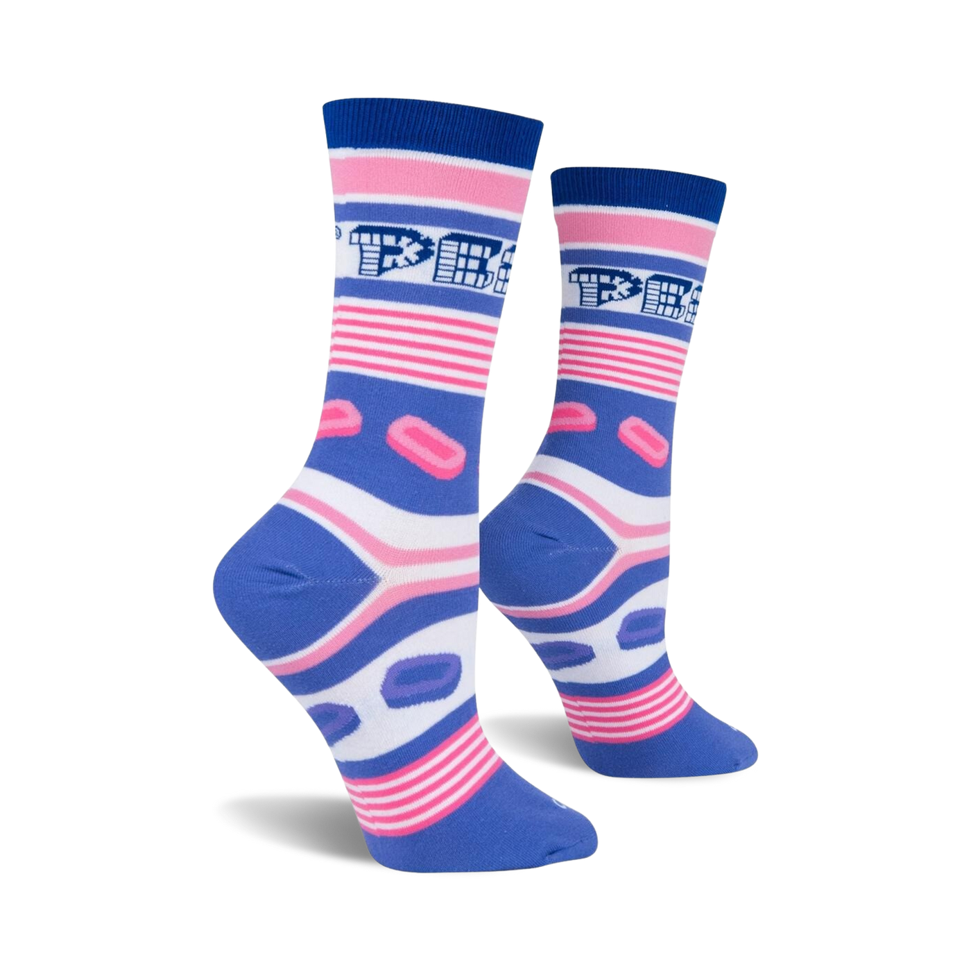 Lifestyle shot of Pez Stripe socks on a model's feet.