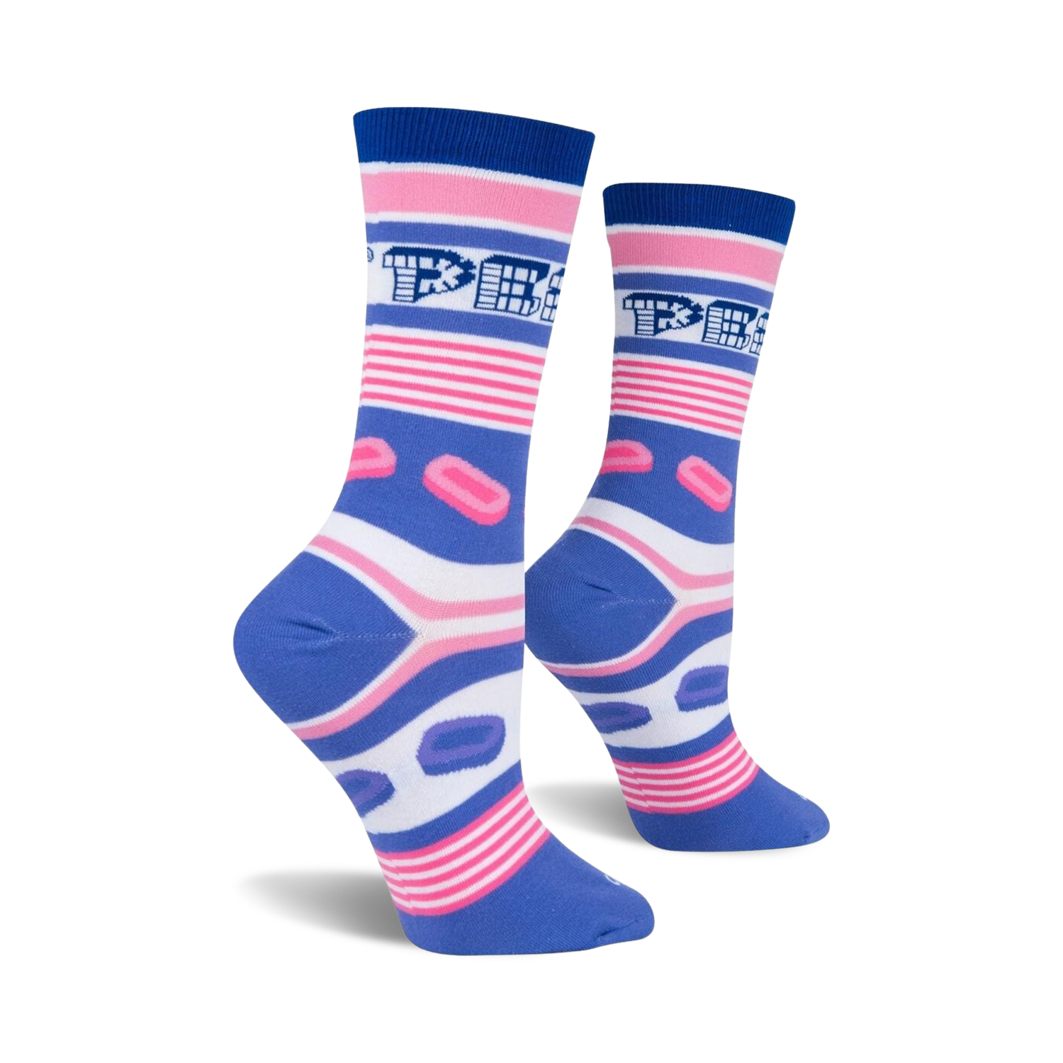 Lifestyle shot of Pez Stripe socks on a model's feet.