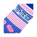 Close-up detail shot of the Pez Stripe sock fabric, highlighting the color stripes and Pez candy design.