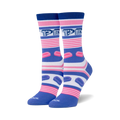 Pair of crew socks in blue, pink, and white.  Features horizontal stripes, Pez dispenser logo, and pink Pez candy graphics.