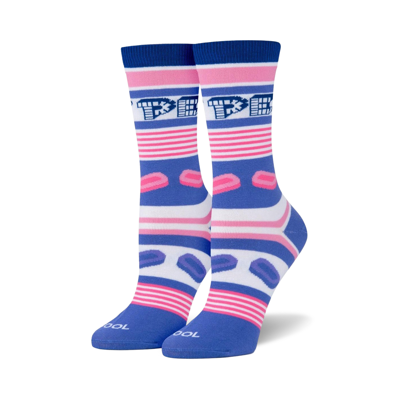 Pair of crew socks in blue, pink, and white.  Features horizontal stripes, Pez dispenser logo, and pink Pez candy graphics.
