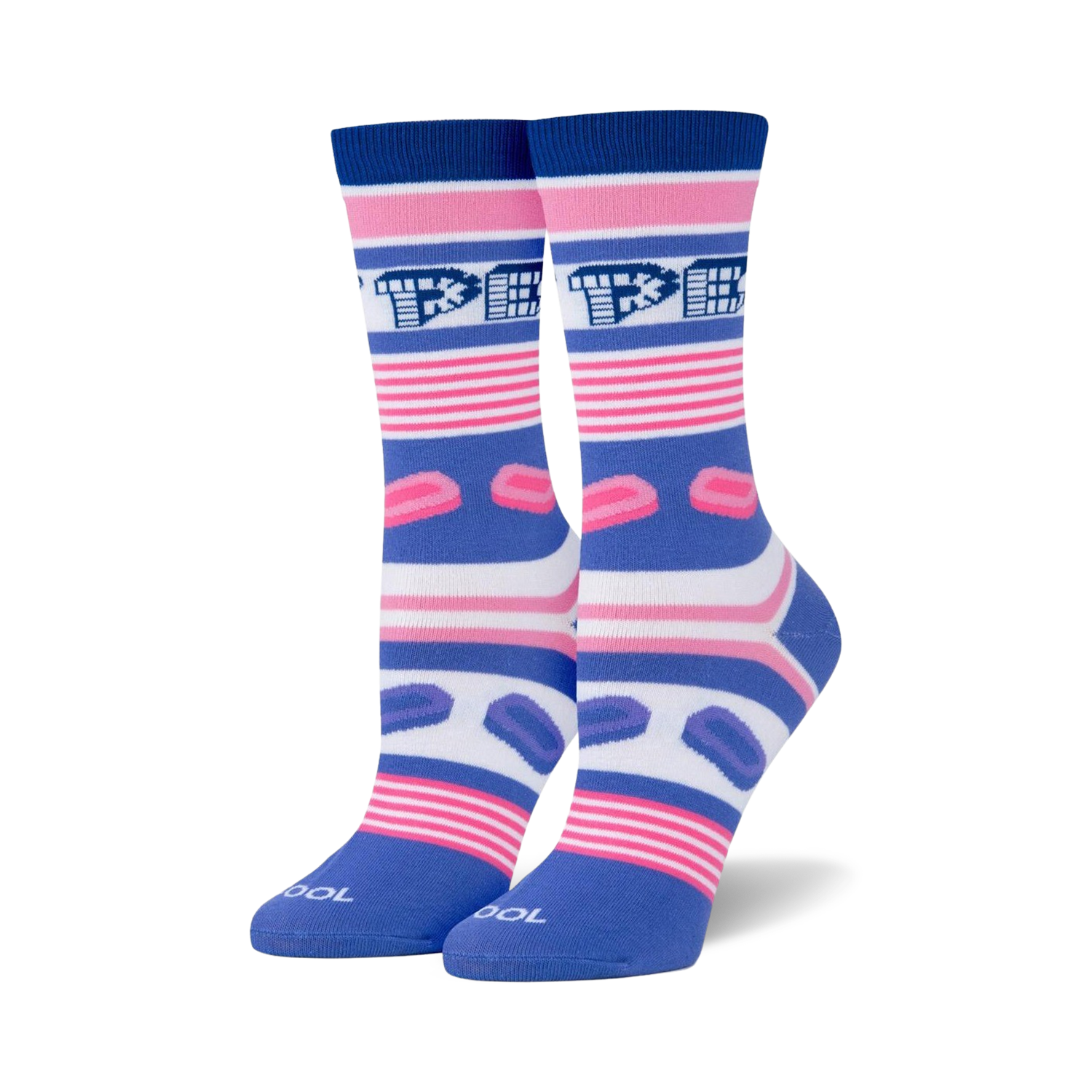 Pair of crew socks in blue, pink, and white.  Features horizontal stripes, Pez dispenser logo, and pink Pez candy graphics.